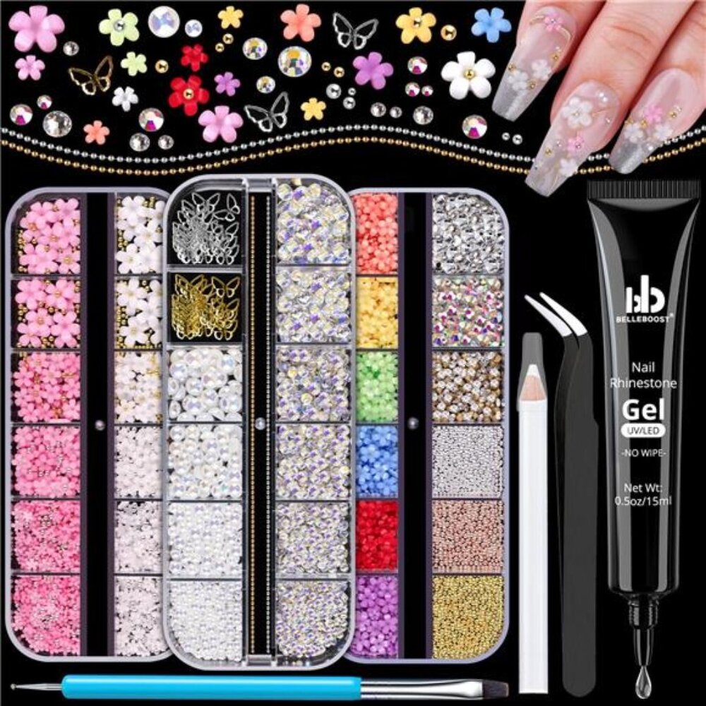 3D Nail Charms, Manicure Kit with Nail Rhinestone Glue Gel (UV Curing),Butterfly